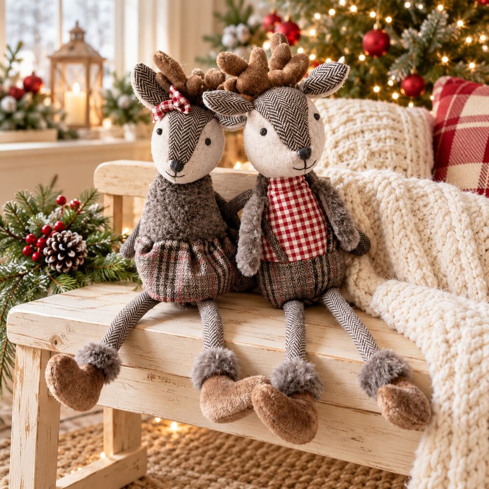 Christmas Reindeer Plush Couple – Boy and Girl Stuffed Deer, Rustic Farmhouse Ho